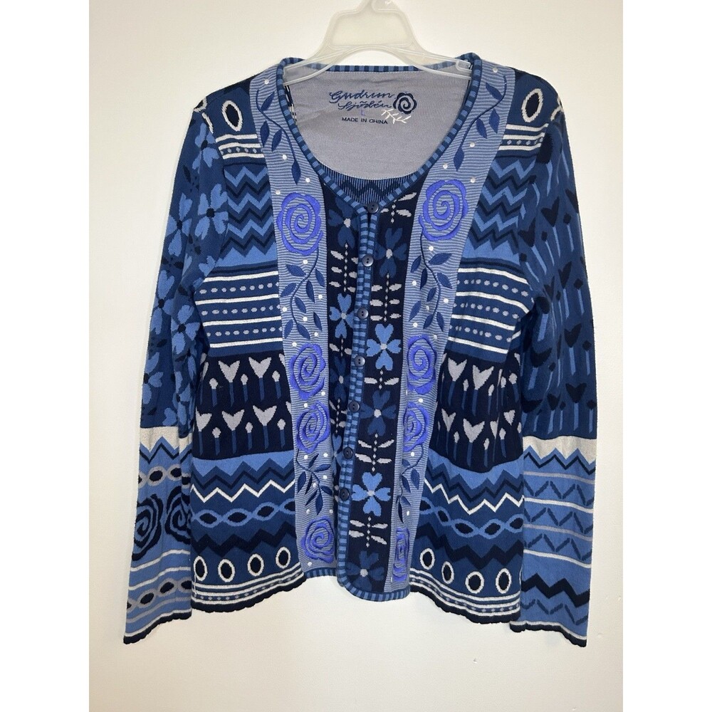 Gudrun Sjoden Floral Cardigan 100%  Organic  Cotton Knit Open Front Size Large